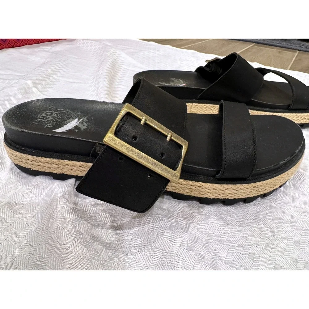 Sorel Women's‎ Leather Slide Sandals Black Buckle Espadrille Platform Size 9.5